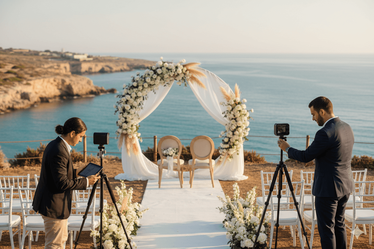 Professional live stream crew setting up cameras at cliffside wedding venue