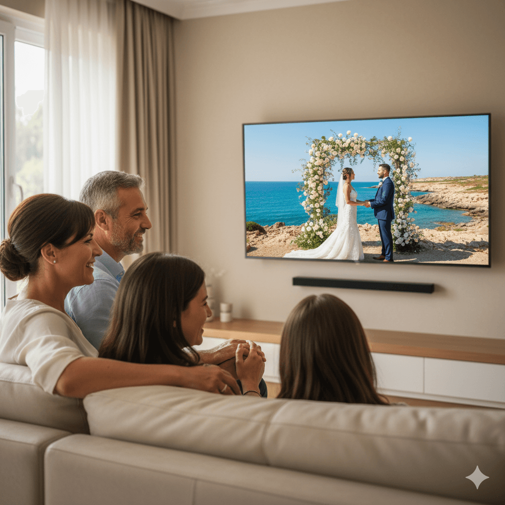 Family watching live streamed Cyprus wedding on TV from their living room