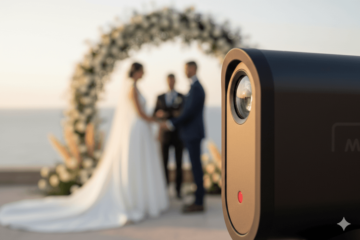 Close-up of Mevo camera lens with wedding couple under floral arch