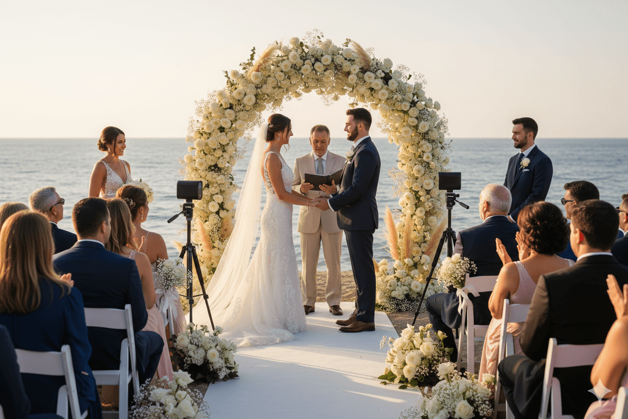 Cyprus seaside wedding ceremony with dual cameras and floral arch